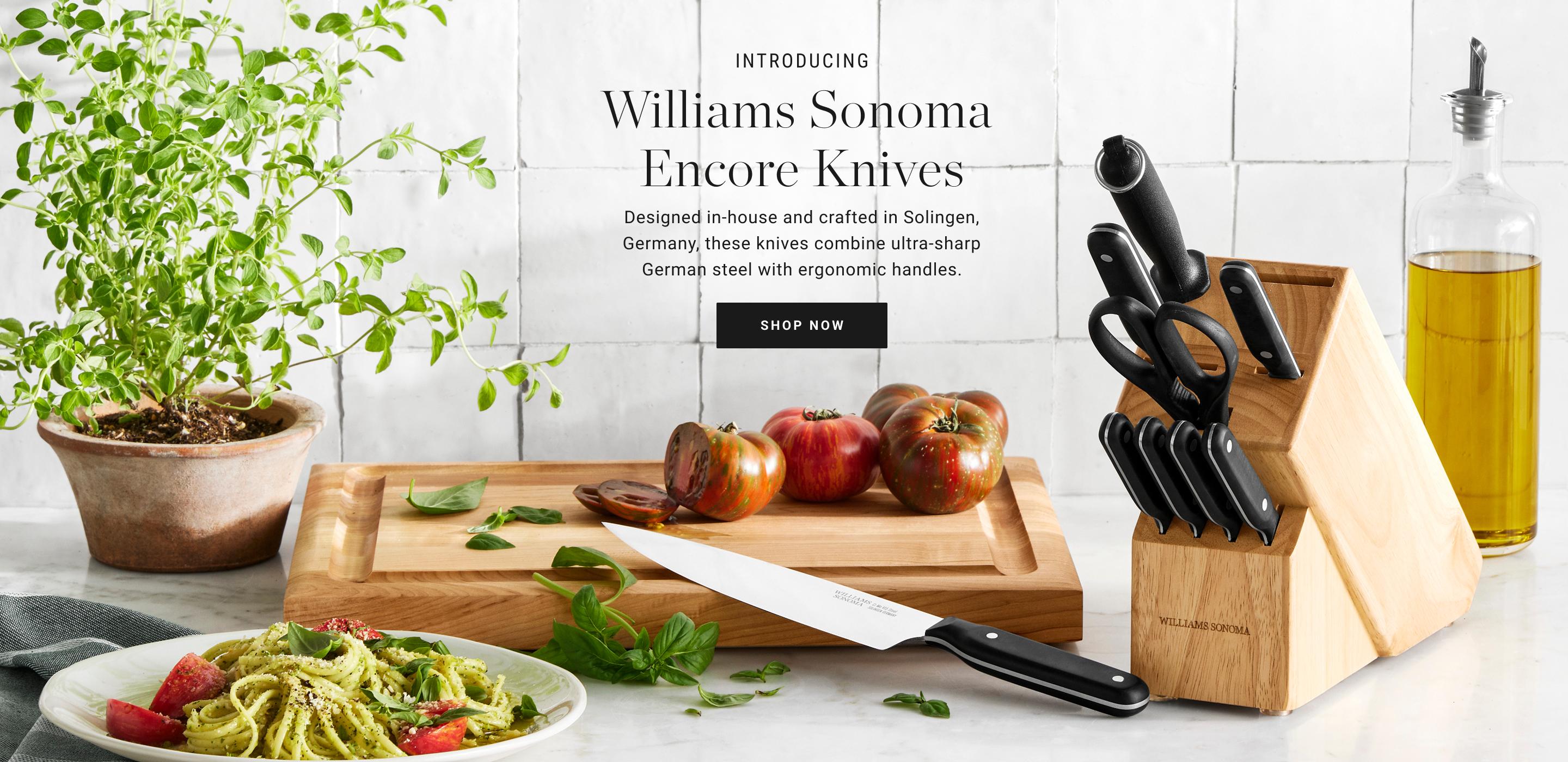 William Sonoma Encore Knives | Designed in-house and crafted in Solingen, Germany, these knives combine ultra-sharp German steel with ergonomic handles. | Shop Now